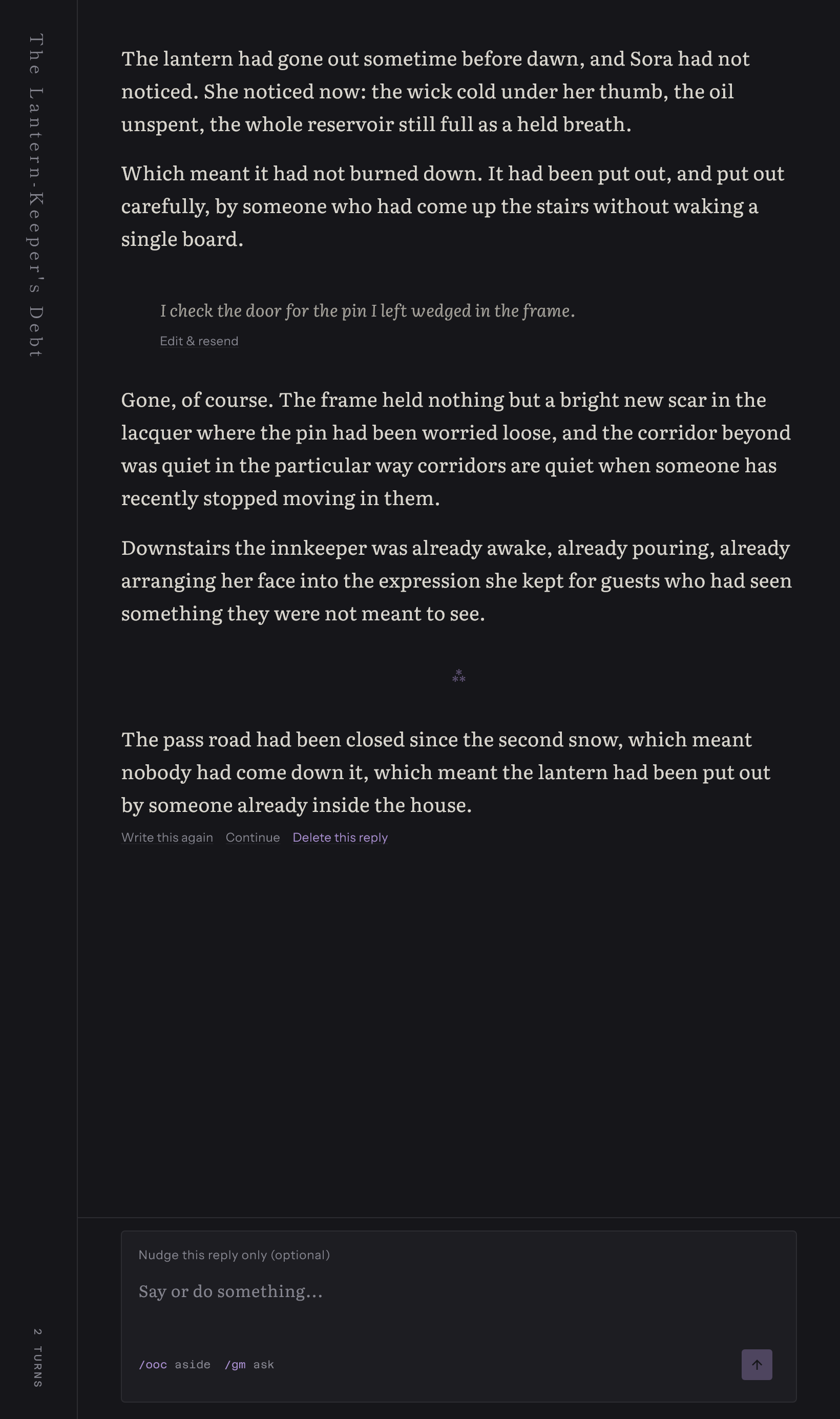 Orihai reading a story: the title set down the left edge, one column of prose at a comfortable measure, and the player's own line indented in italics.