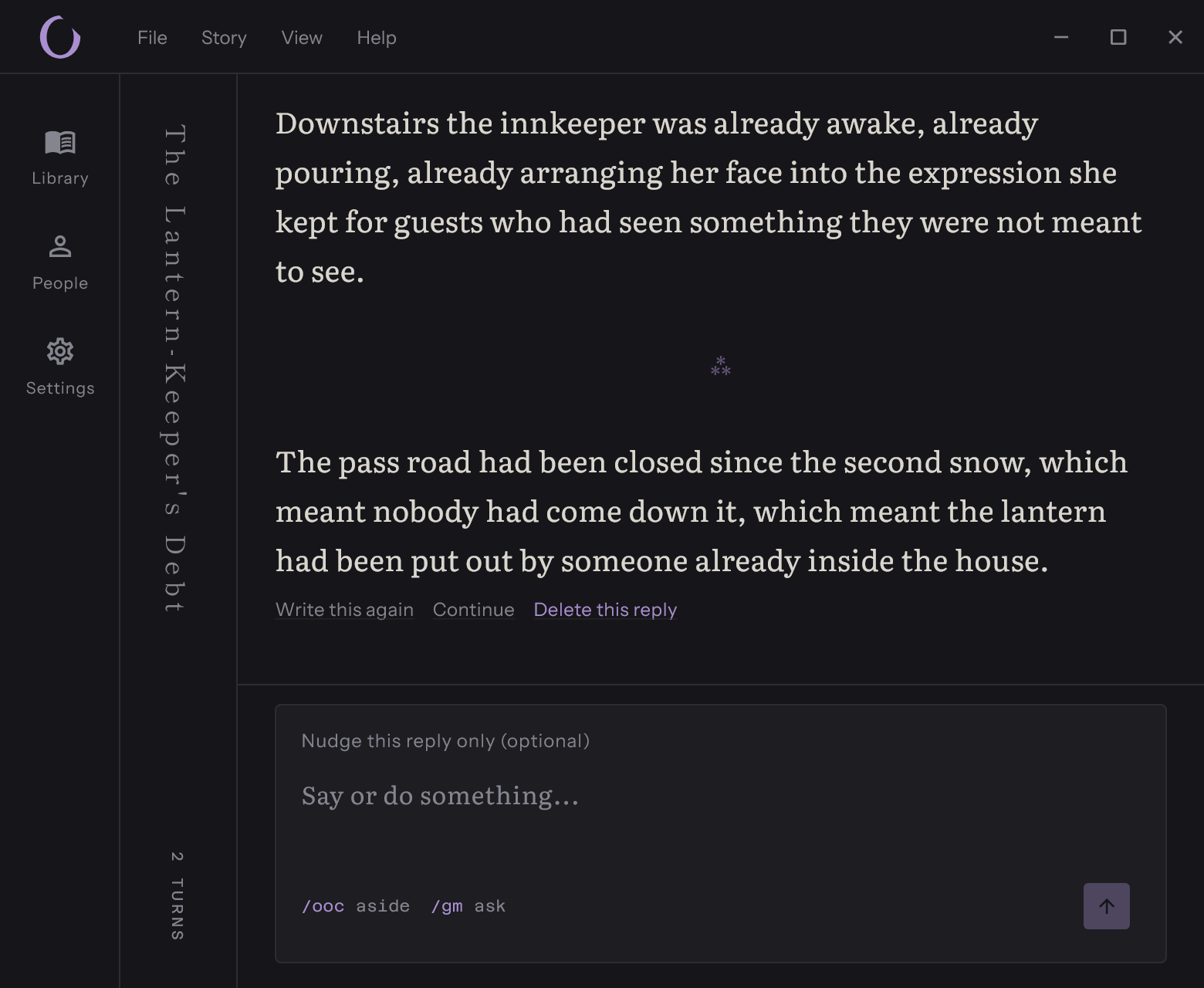 The Orihai window: a title bar with the Orihai mark and the File, Story, View and Help menus, a sidebar of Library, People and Settings, and a story open beside them with its title set down the edge.